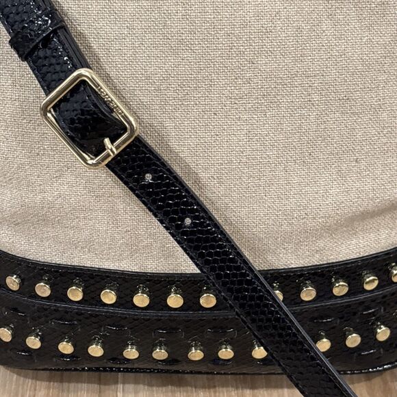 Nine West Canvas Shoulder Bag Black Patent Leather Nailhead Trim Tassle 10x12 - Picture 5 of 16